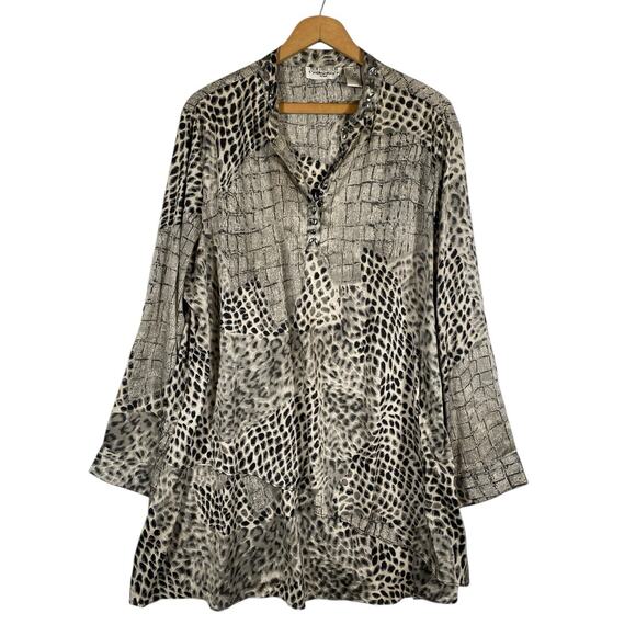 New Direction Tunic 1X Flowy Black Silver Gray Mixed Animal Print Boho Vintage - Picture 1 of 15